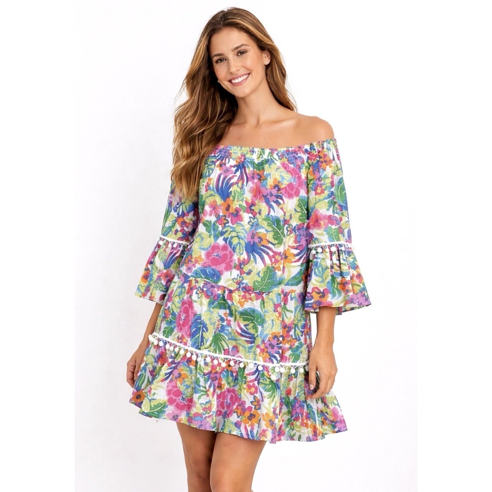NEW! True Destinations Tropical Off Shoulder Dress Pom Pom SZ XL